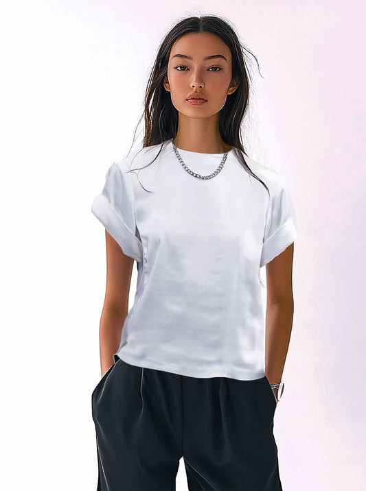 MIXED MEDIA MOCK NECK ROLL TEE