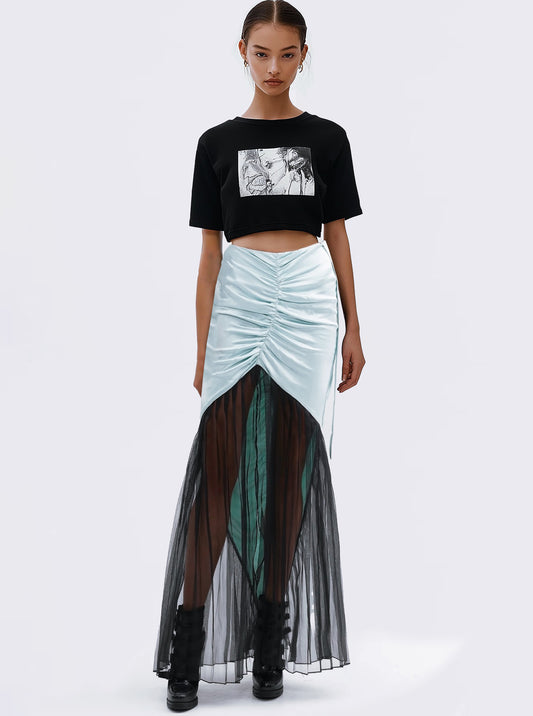 MIXED MEDIA ROUCHED FLOOR LENGHT SKIRT