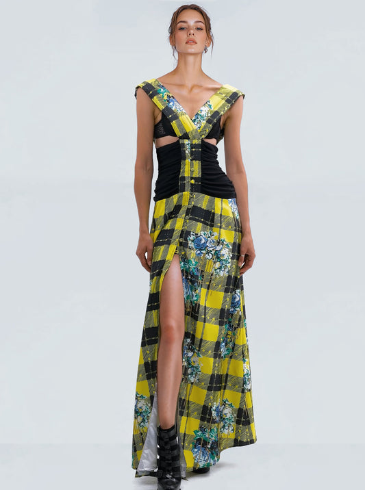 FLOOR LENGTH BOUQUET PLAID DRESS